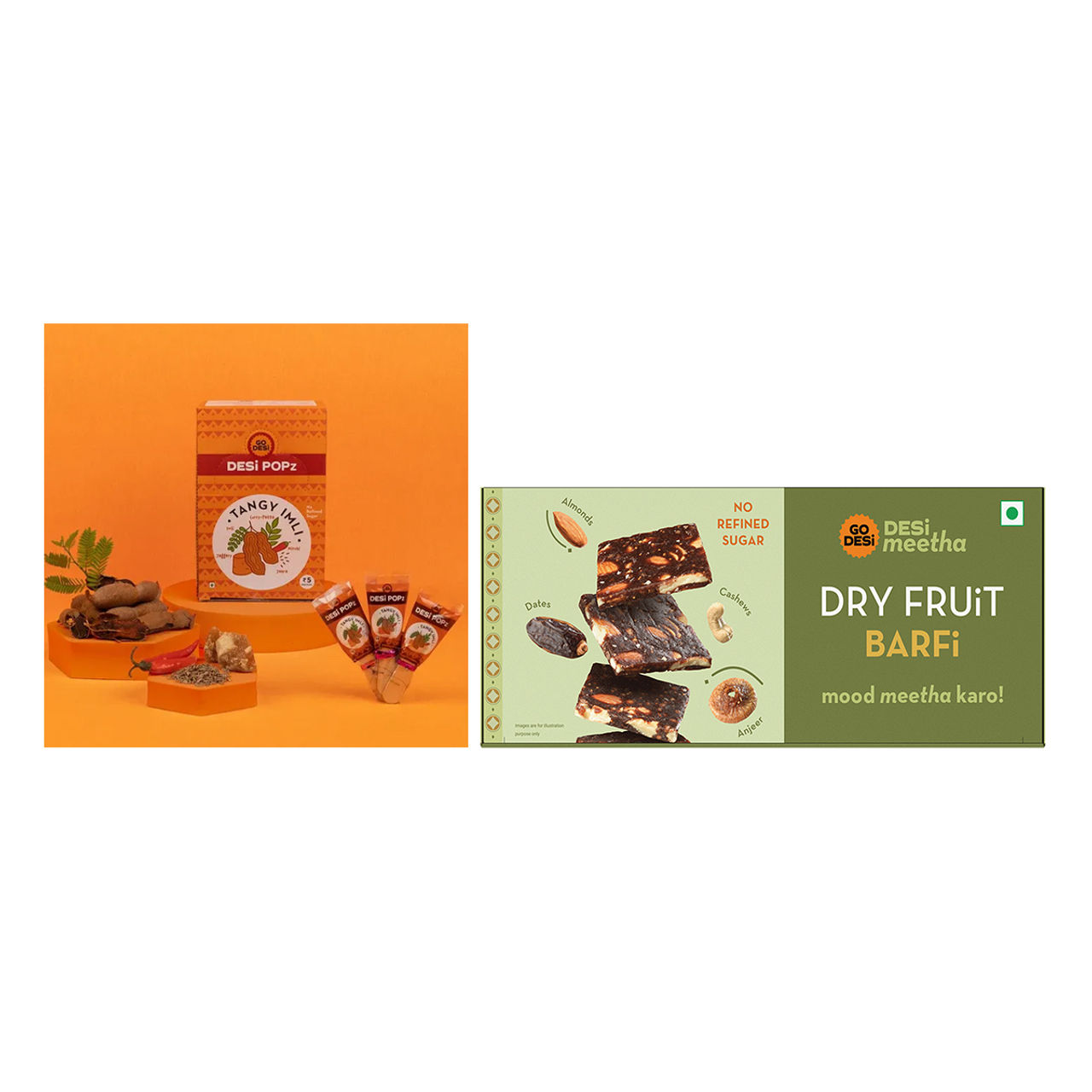Tangy Imli (Tamarind) 10 Pcs Sour Candy | No Refined Sugar | Lollipop By Go Desi (10pc) & Dry Fruit Barfi, 6 Pcs | No Added Refined Sugar | Single Packs | Burfi | Sweets | By Go Desi (120g) Combo