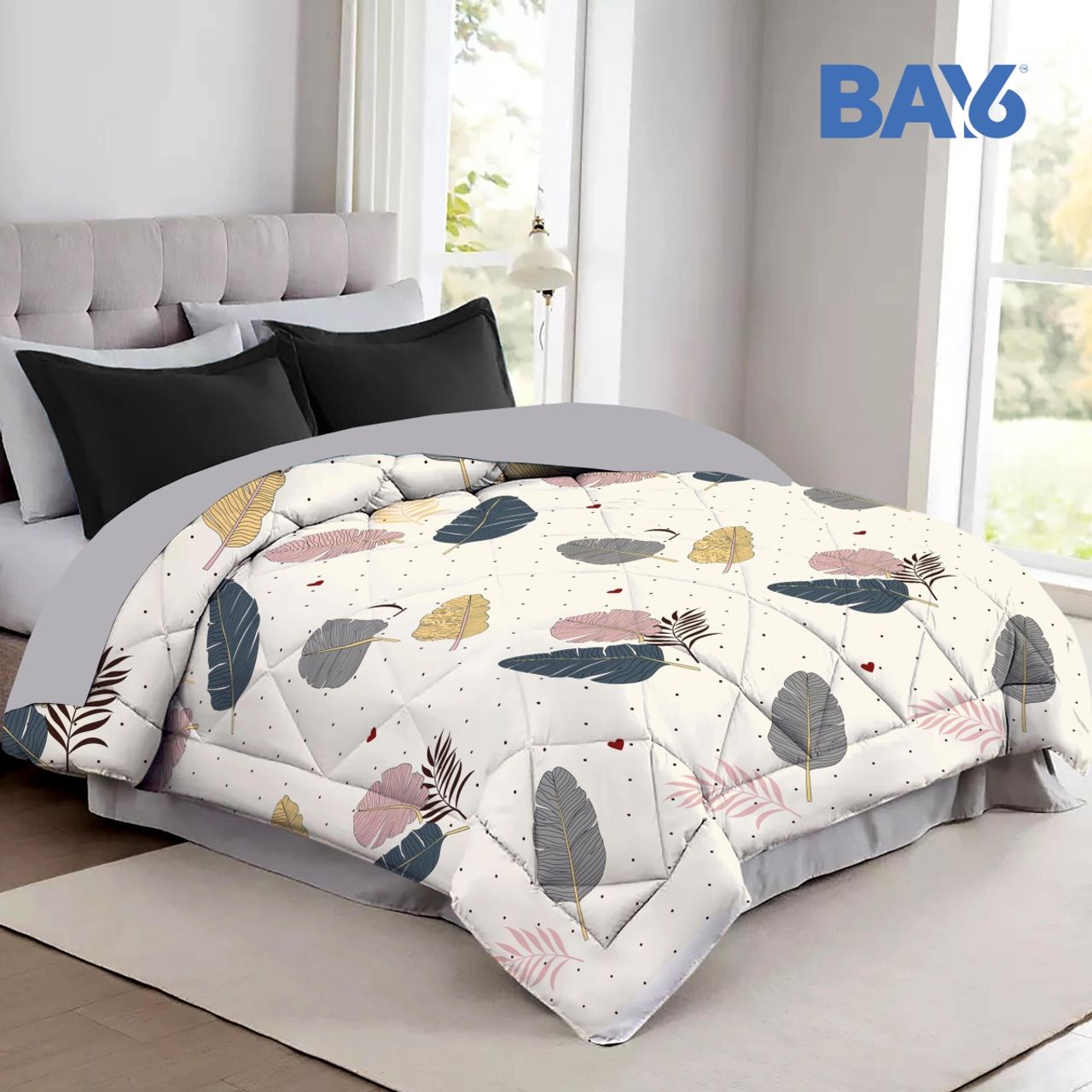 BAY6 Microfibre Floral Print Double Bed Comforter - Cream White | 210 x 220 cm