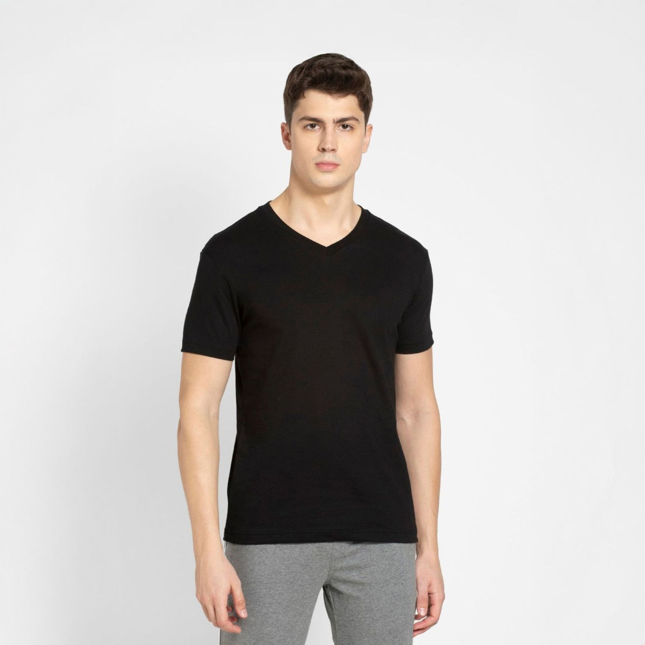 Jockey Men Cotton Rich V Neck Half Sleeve T-shirt | Black - L