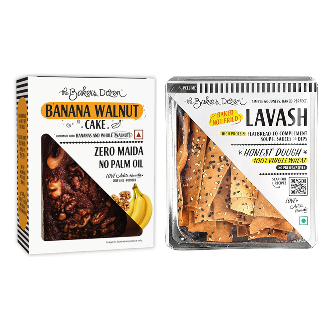 The Baker'S Dozen Wholewheat Banana Walnut Cake (150g) & The Baker'S Dozen Zero Maida Lavash Baked Snack No Palm Oil No Preservatives 100% Wholewheat (100g) Combo