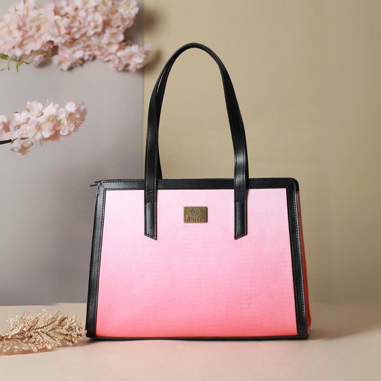 Priyaasi Women's Solid PU 15.5 L Double Handle Tote Bag | Black and Peach - One Size