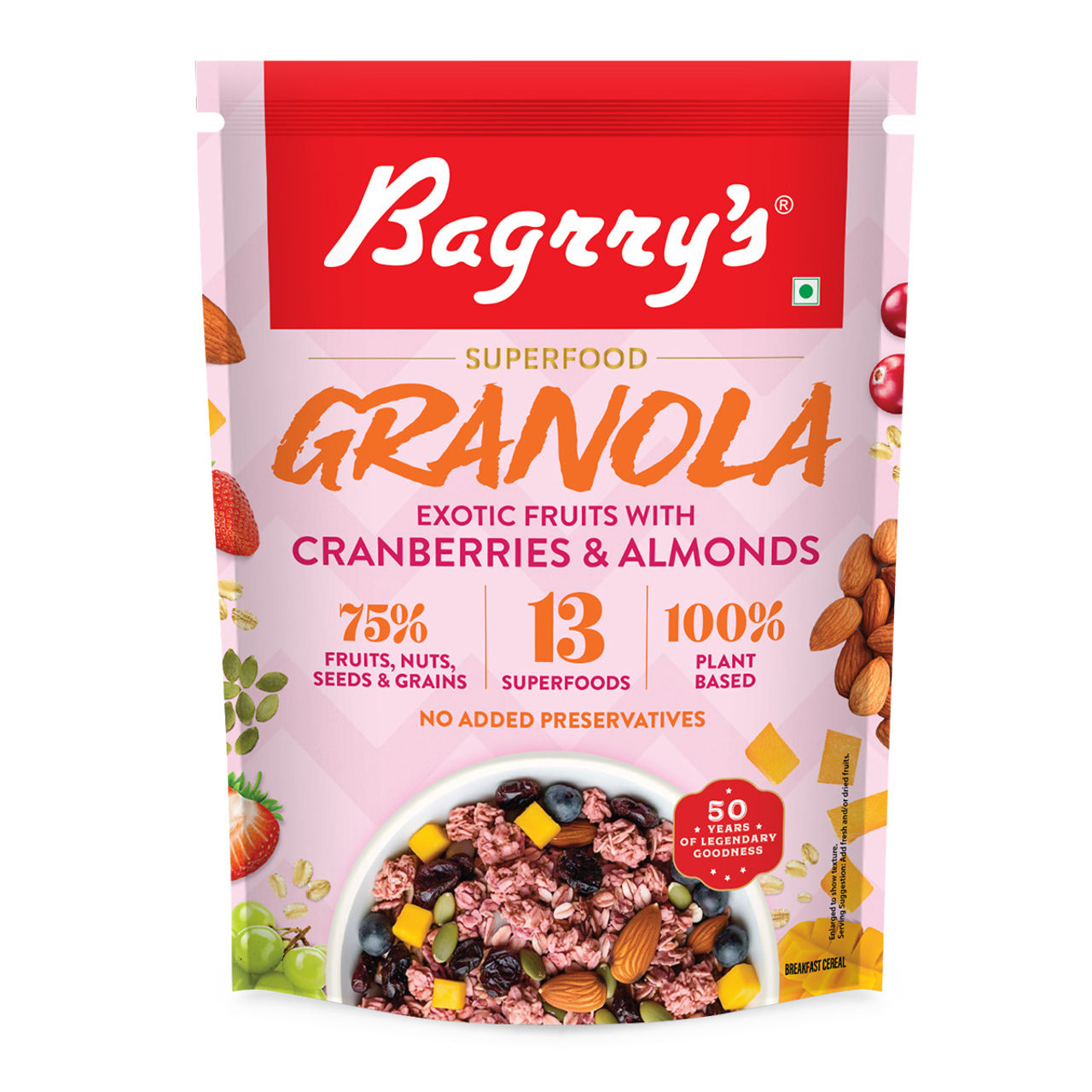 Bagrry's Exotic Fruits with Cranberries & Almonds Granola (30% Fruits, Nuts & Berries)