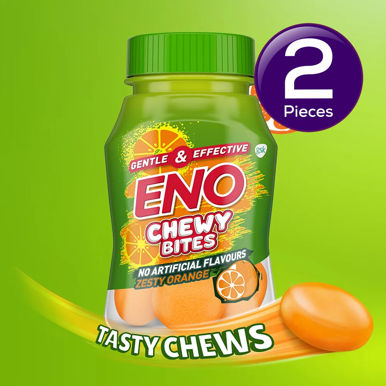 ENO Chewy Bites Tasty Chewable Antacid For Gentle & Effective Relief From Acidity Zesty Orange 10 pc X 2 Combo