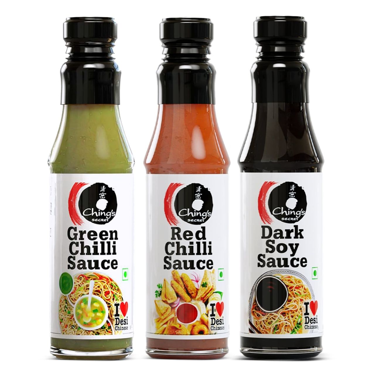 Ching's Secret Dark Soy Sauce (210 g), Ching's Secret Green Chilli Sauce (190 g) & Ching's Secret Red Chilli Sauce (200 g) Combo