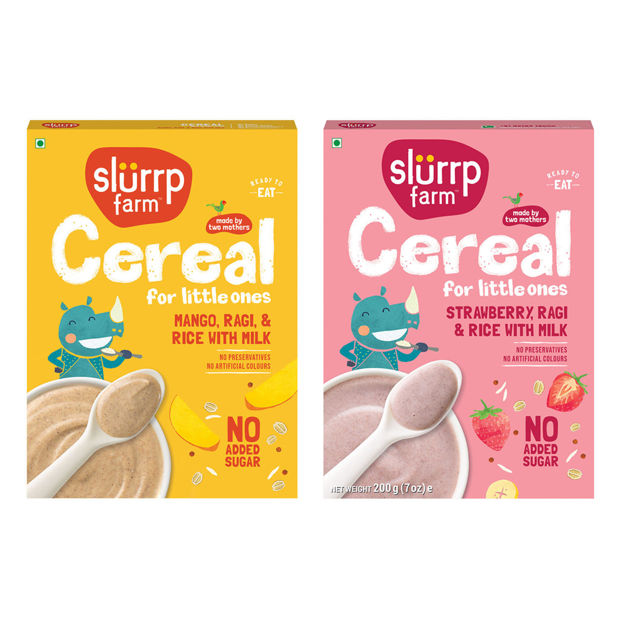 Slurrp Farm No Added Sugar Cereal - Ragi, Rice And Mango With Milk, No Preservatives, Made With Multigrain Millets, 200 Gm(200gms) & Slurrp Farm Ragi Rice Strawberry Instant Healthy Cereal, Mildly Sweetened With Date Powder, 200 Gm(200gms) Combo