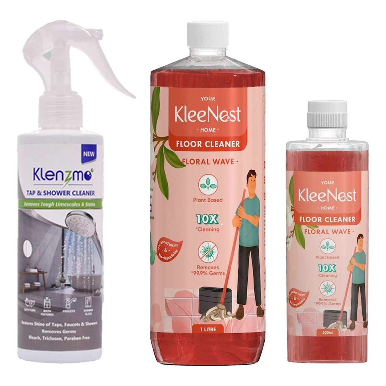 Kleenest Natural Floor Cleaner Floral Wave, Plant Based Kids & Pet Friendly (1.5l) & Klenzmo Tap Cleaner (270ml) Combo