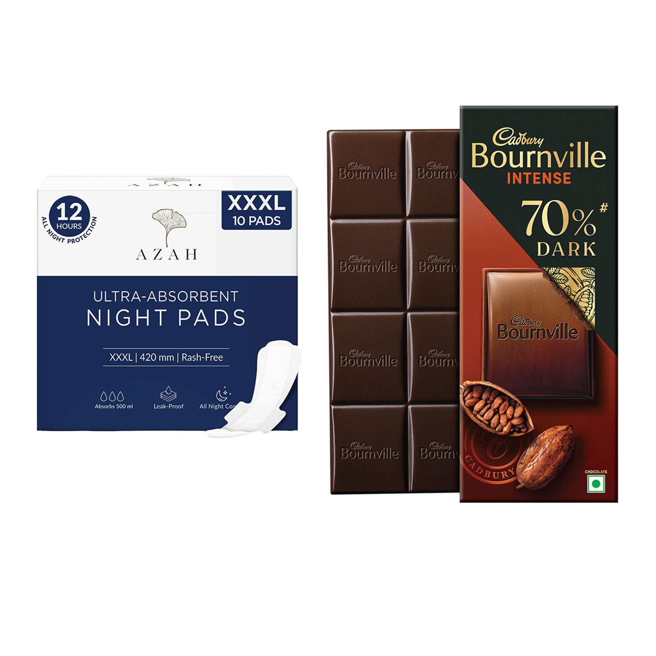 Cadbury Bournville Rich Cocoa 70% Dark Chocolate Bar (75g) & Azah Rash-Free Night Xxxl Sanitary Pads (10pc) Combo