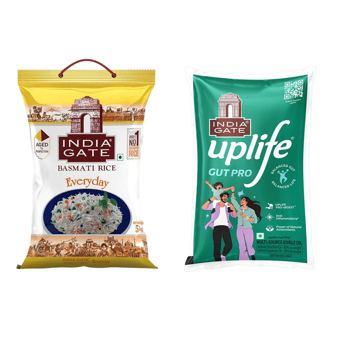 India Gate All Rounder Everyday Basmati Rice | Aged Rice | Fluffy And Non-Sticky (5kg) & India Gate Uplife Gut Pro Edible Oil (1l) Combo