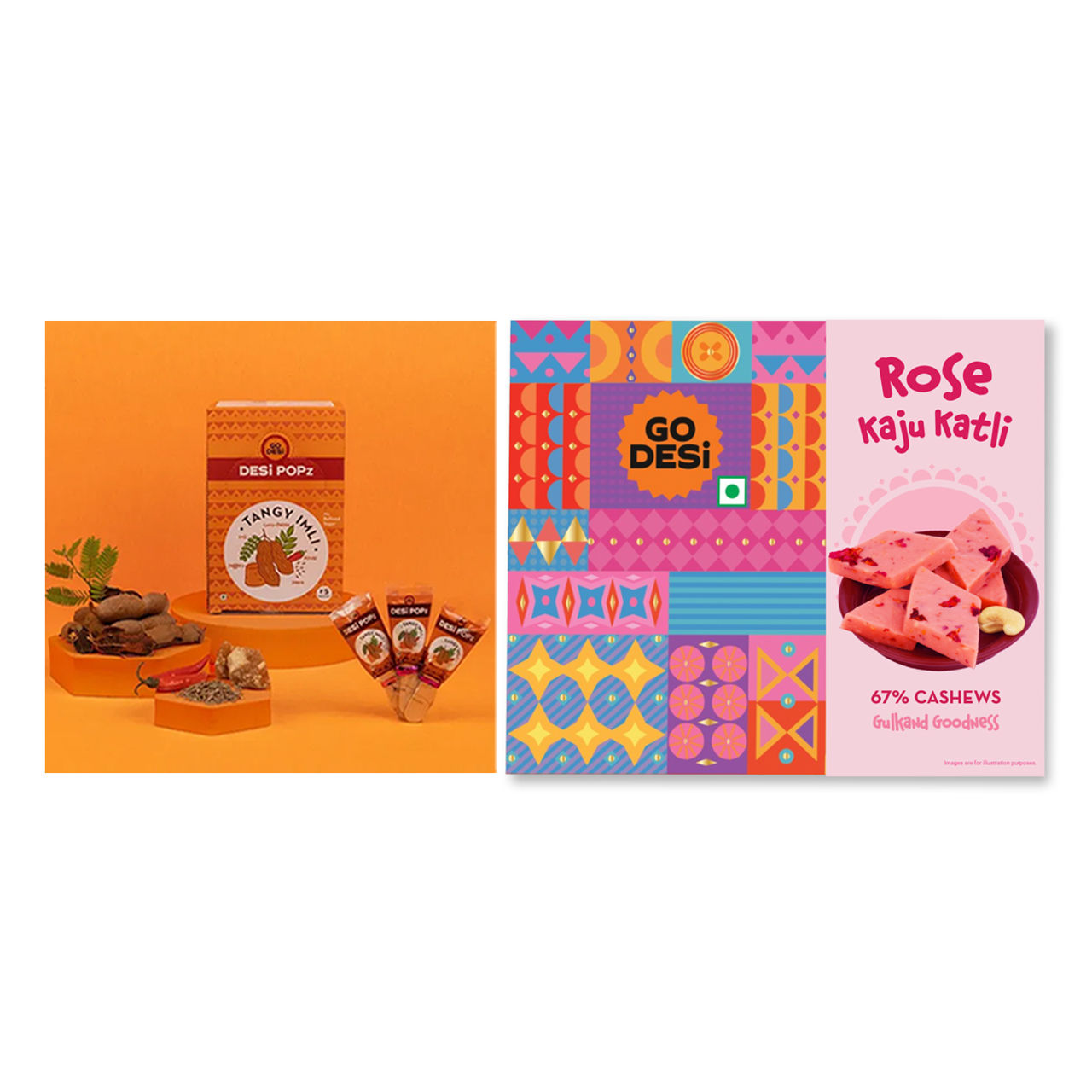 Tangy Imli (Tamarind) 10 Pcs Sour Candy | No Refined Sugar | Lollipop By Go Desi (10pc) & Rose Kaju Katli, Barfi, Sweets By Go Desi (200g) Combo