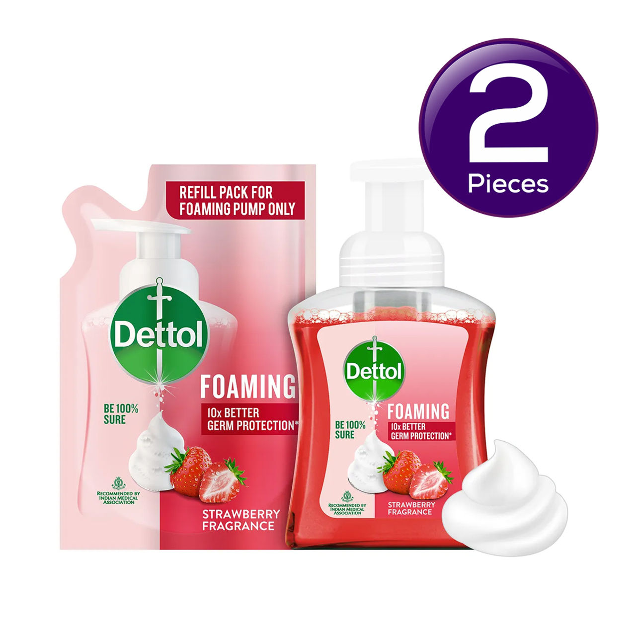 Dettol Strawberry Foaming Hand Wash | Pump and Refill Combo 450 ml X 2 Combo