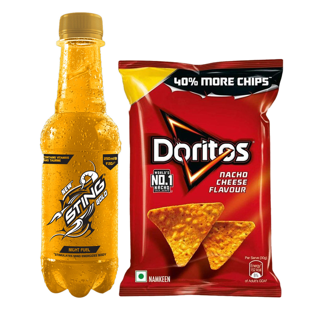 Doritos Nacho Chips - Cheese Flavour (53g) & Sting Gold Night Fuel Energy Drink (250ml) Combo