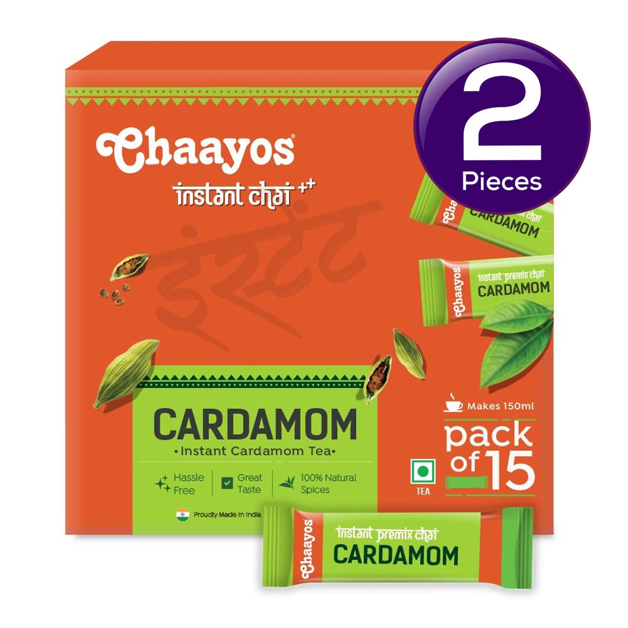 Chaayos Instant Tea Premix - Regular Sugar - Cardamom Flavour 1 pc X 2 Combo
