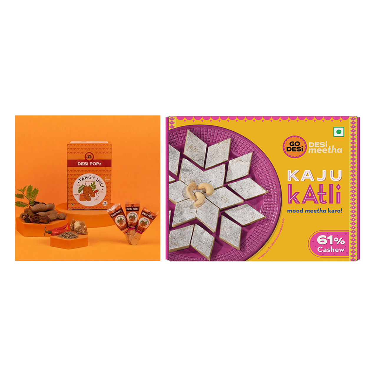 Tangy Imli (Tamarind) 10 Pcs Sour Candy | No Refined Sugar | Lollipop By Go Desi (10pc) & Premium Kaju Katli, 61% Cashew | Burfi | Kaju Katri | Sweets By Go Desi (200g) Combo