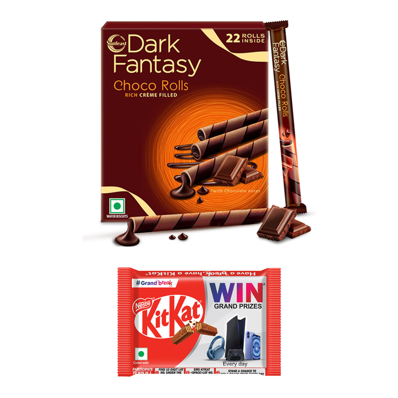 Sunfeast Dark Fantasy Choco Rolls (198g) & Nestle Kitkat 4 Fingers Choco Coated Wafer Bar (38.5g) Combo