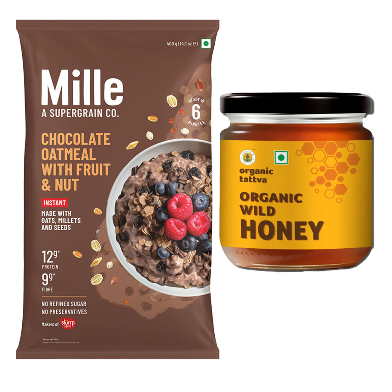 Mille Instant Chocolate Oats With Millets | Almonds And Flax Seeds (400g) & Organic Tattva Honey (250g) Combo