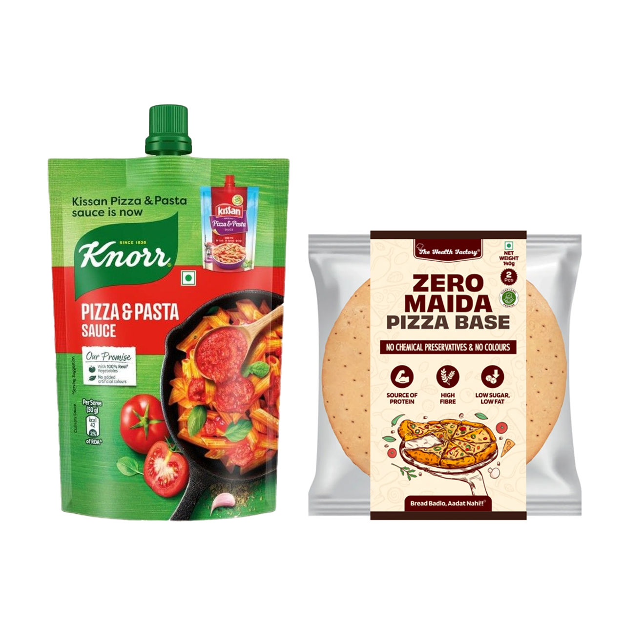 Knorr Sauce Pizza And Pasta (200g) & The Health Factory Zero Maida Pizza Base | Clean Label - Not Brown (140g) Combo