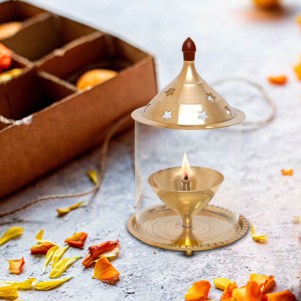 Shubhkart Nitya Brass Akhand Jyot Aaradhya Diya With Borosilicate Glass Medium