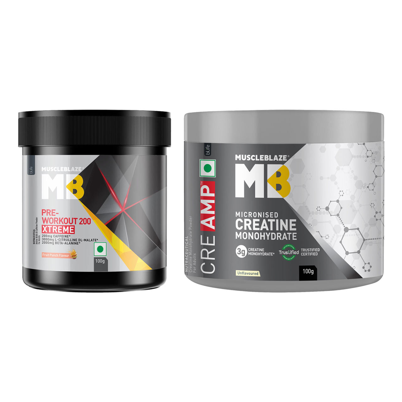 Muscleblaze Creatine Monohydrate Creamp With Creabsorb Powder (Unflavoured) (100g) & Muscleblaze Pre Workout 200 Xtreme (Fruit Punch, 15 Servings) (100g) Combo