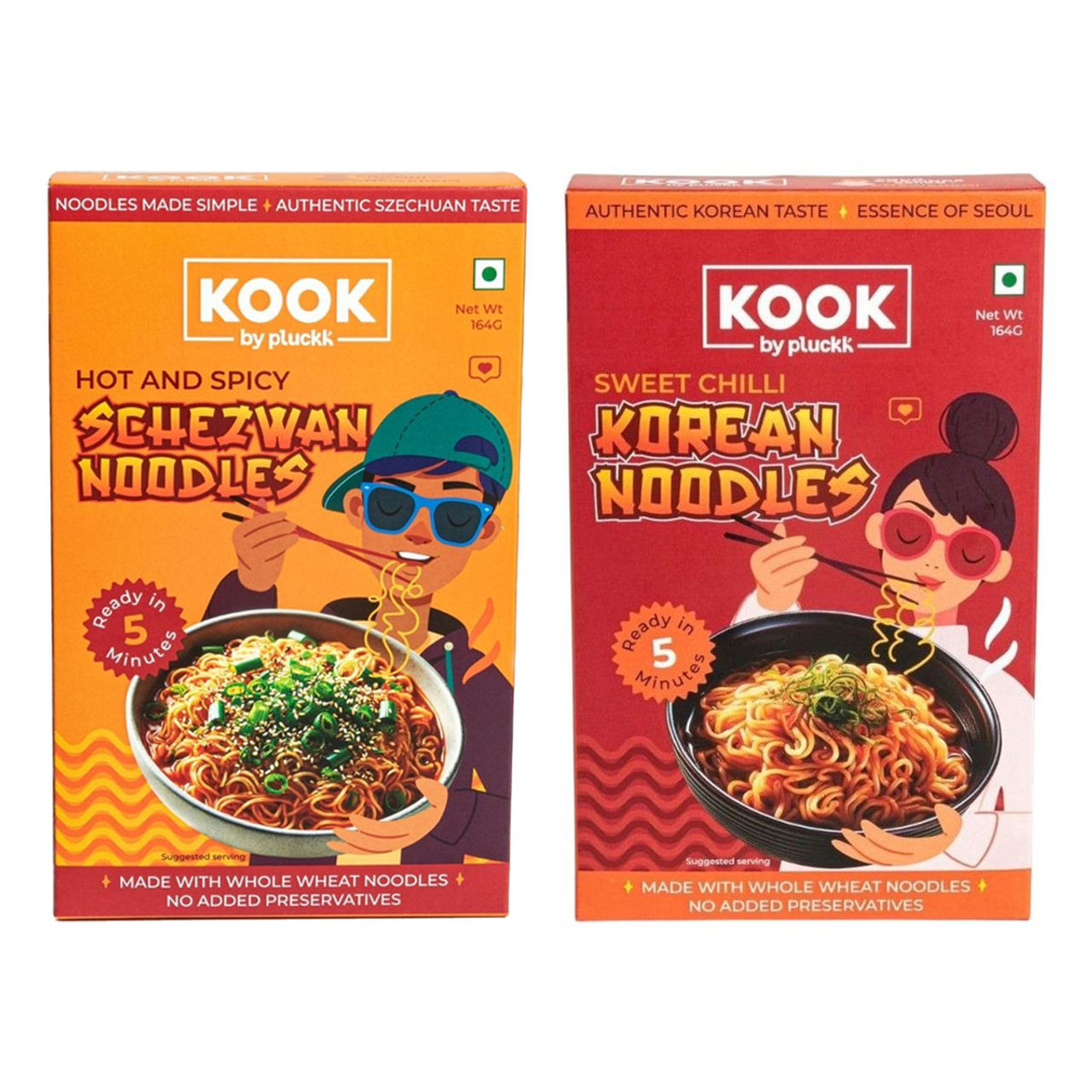 Pluckk Instant Spicy Korean Atta Noodles | Serves 2 (1pc) & Pluckk Instant Spicy Schezwan Atta Noodles | Serves 2 (1pc) Combo 