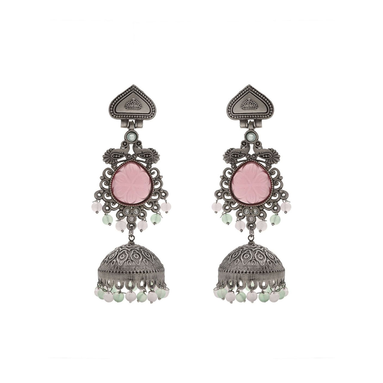 Priyaasi Pink Stone Elegance In Enchanting Jhumkas Oxidized Earrings