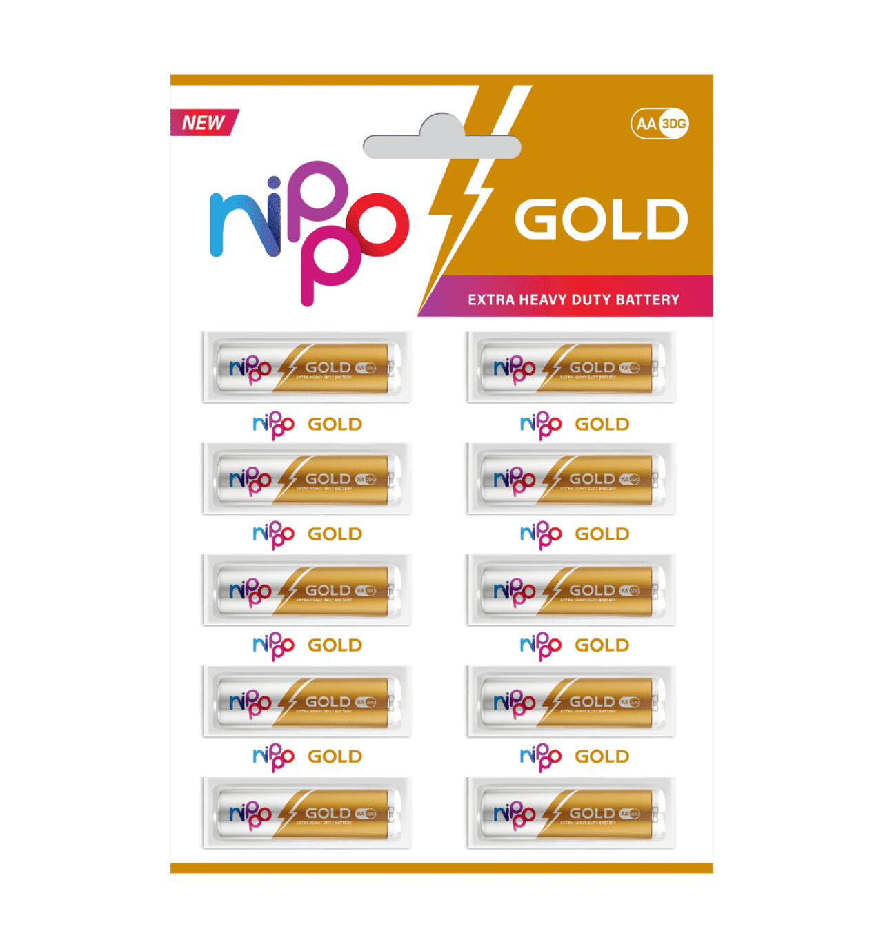 Nippo 3DG Gold AA Battery | 1.5 V | Leakproof | For Toys, Remotes, Clocks, Wireless Mouse - Pack of 10