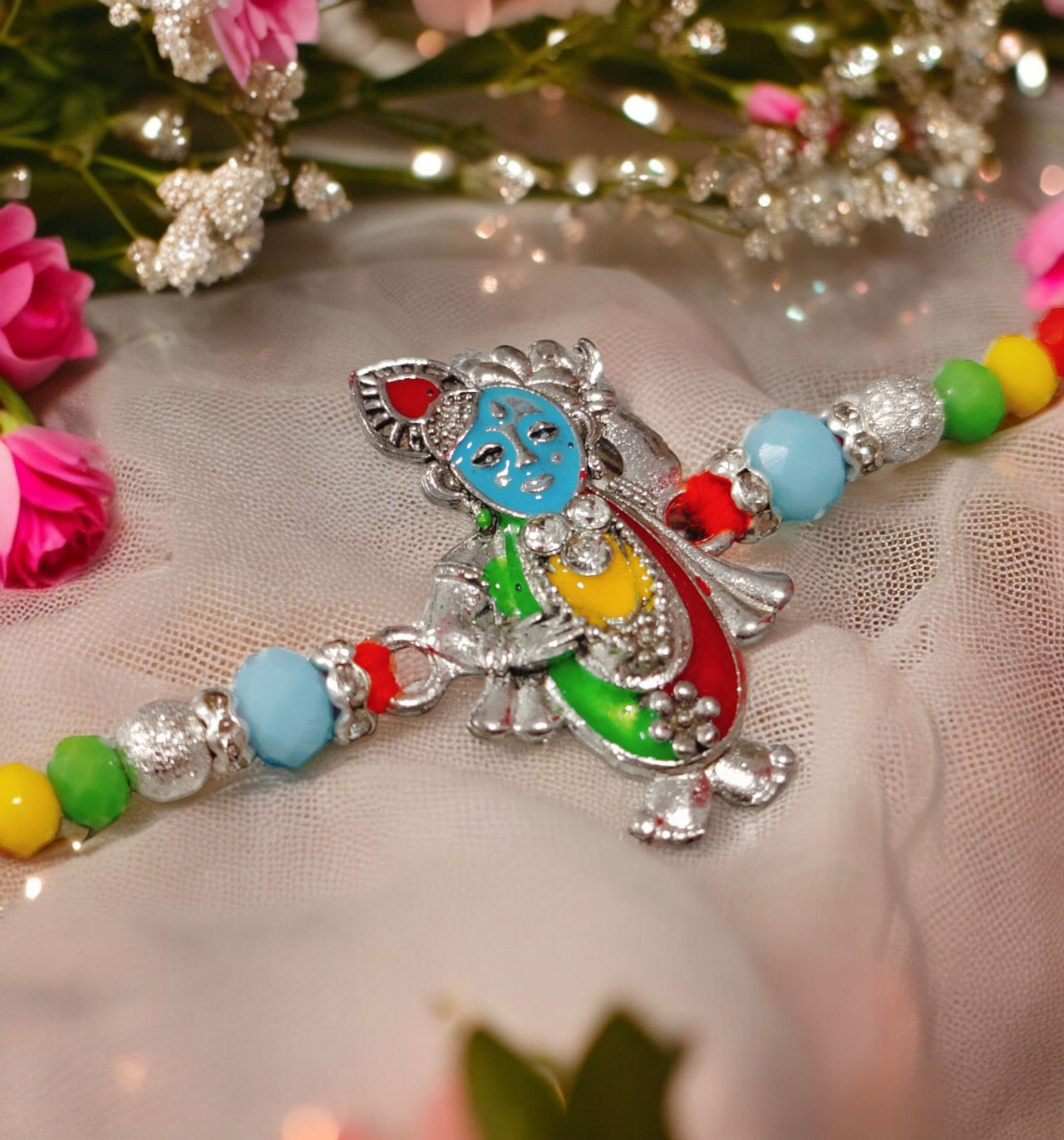 House Of Festivals Krishna Silver Pendant Rakhi With Colorful Moti
