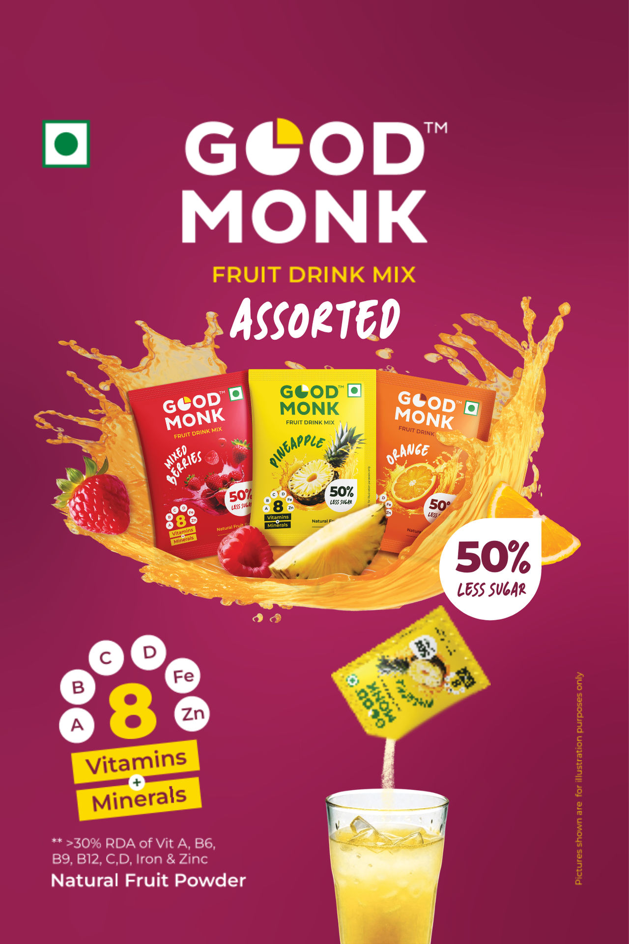 Good Monk Instant Fruit Drink Mix - Assorted - Natural Orange | Mixed Berries | Pineapple Powder