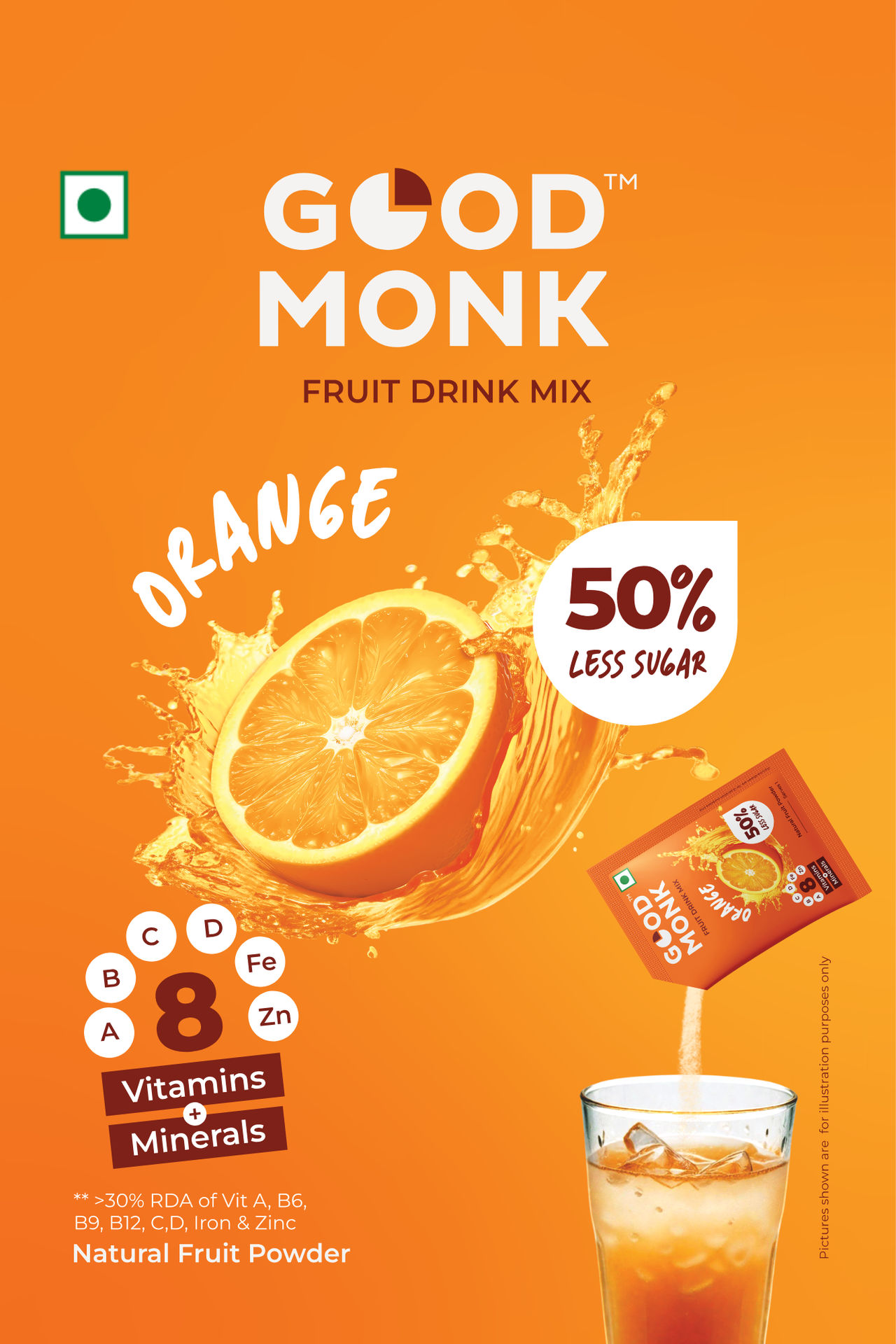 Good Monk Instant Fruit Drink Mix - Natural Orange Powder | 50% Less Sugar | With 8 Vitamins