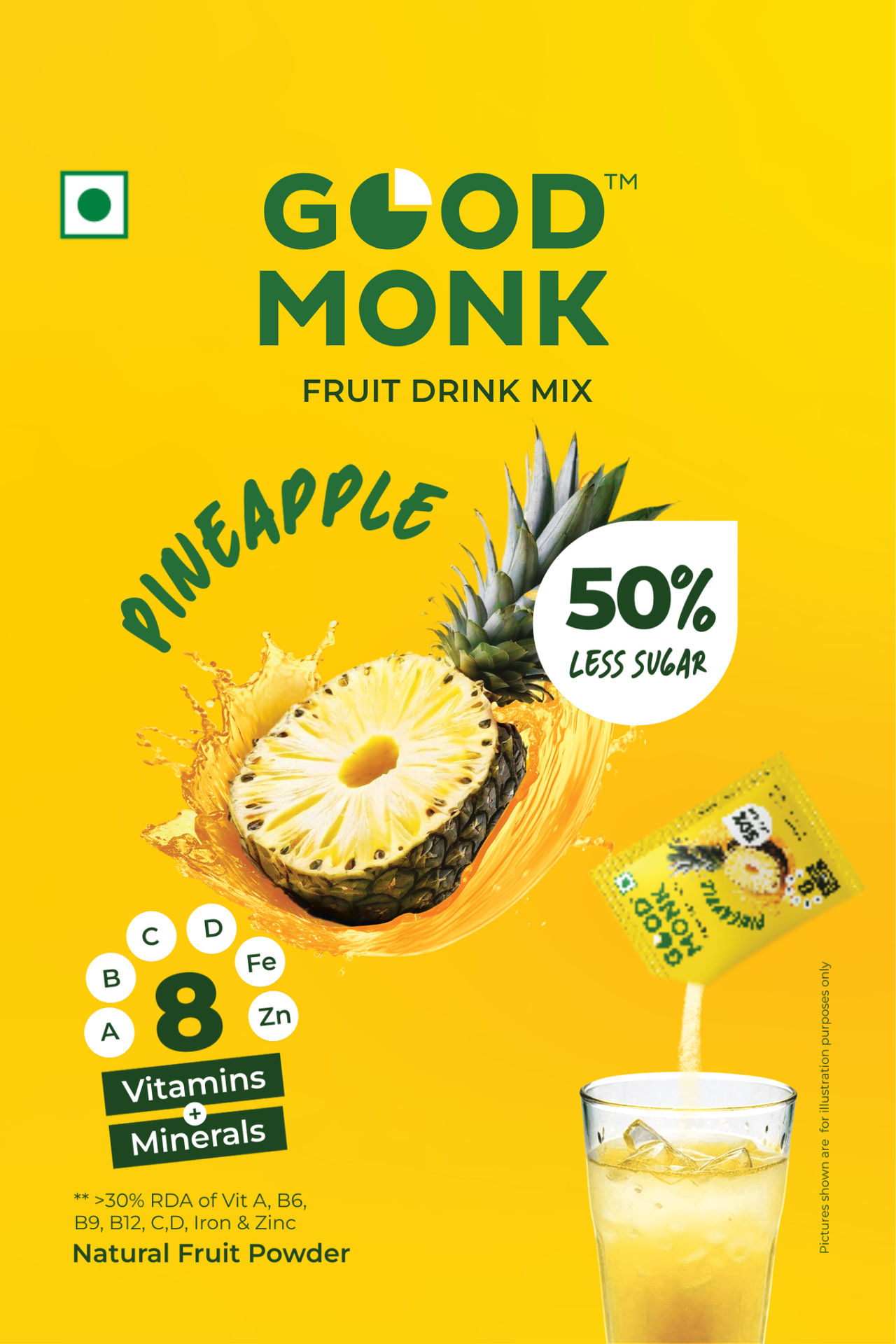 Good Monk Instant Fruit Drink Mix - Natural Pineapple Powder | 50% Less Sugar | With 8 Vitamins