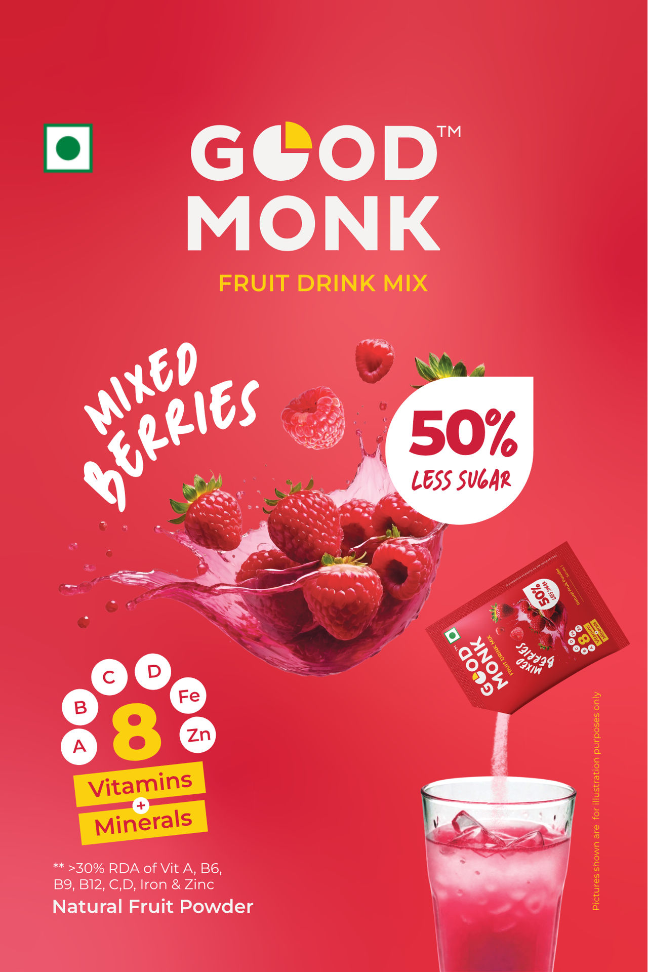 Good Monk Instant Fruit Drink Mix - Natural Mixed Berries Powder | 50% Less Sugar