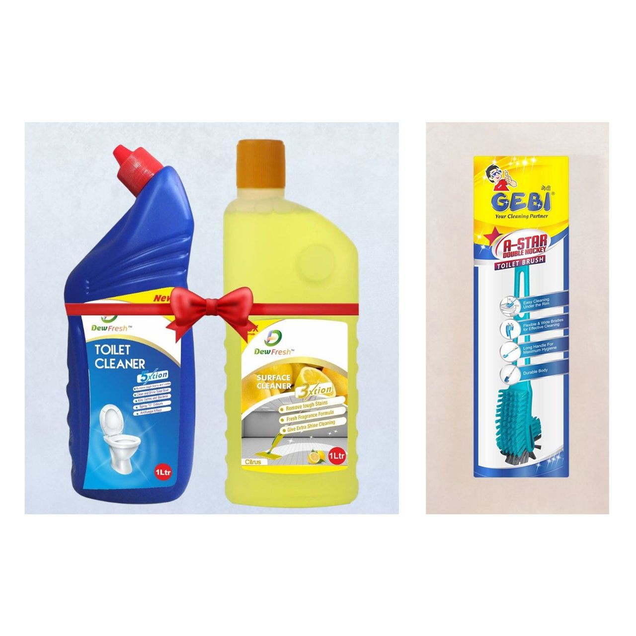 Dew Fresh Toilet Cleaner 1L + Citrus Surface & Floor Cleaner 1L (Combo Pack)(2l) & Gebi Sparkle Plus A Star Double Hockey Toilet Brush (Assorted)(1pc) Combo