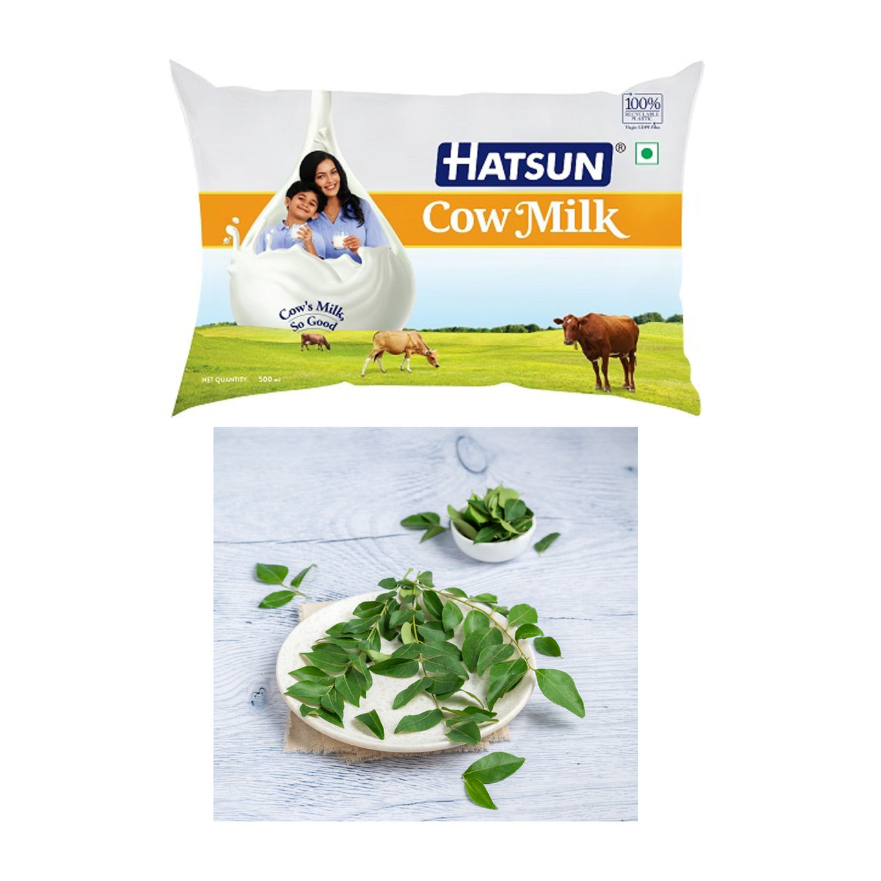 Hatsun Toned Fresh Cow Milk (Pouch)(1pc) & Curry Leaves (Karuveppilai) - Cleaned, Without Roots(1pc) Combo