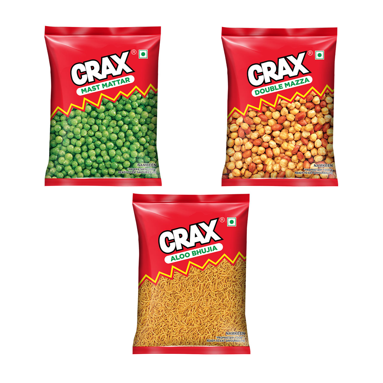 Crax Mast Mattar Namkeen Nut Mix 160.0 GRAM(160gms), Crax Double Mazza Namkeen Peanut Mix 160.0 GRAM(160gms) & Crax Aloo Bhujia Namkeen 160.0 GRAM(160gms) Combo