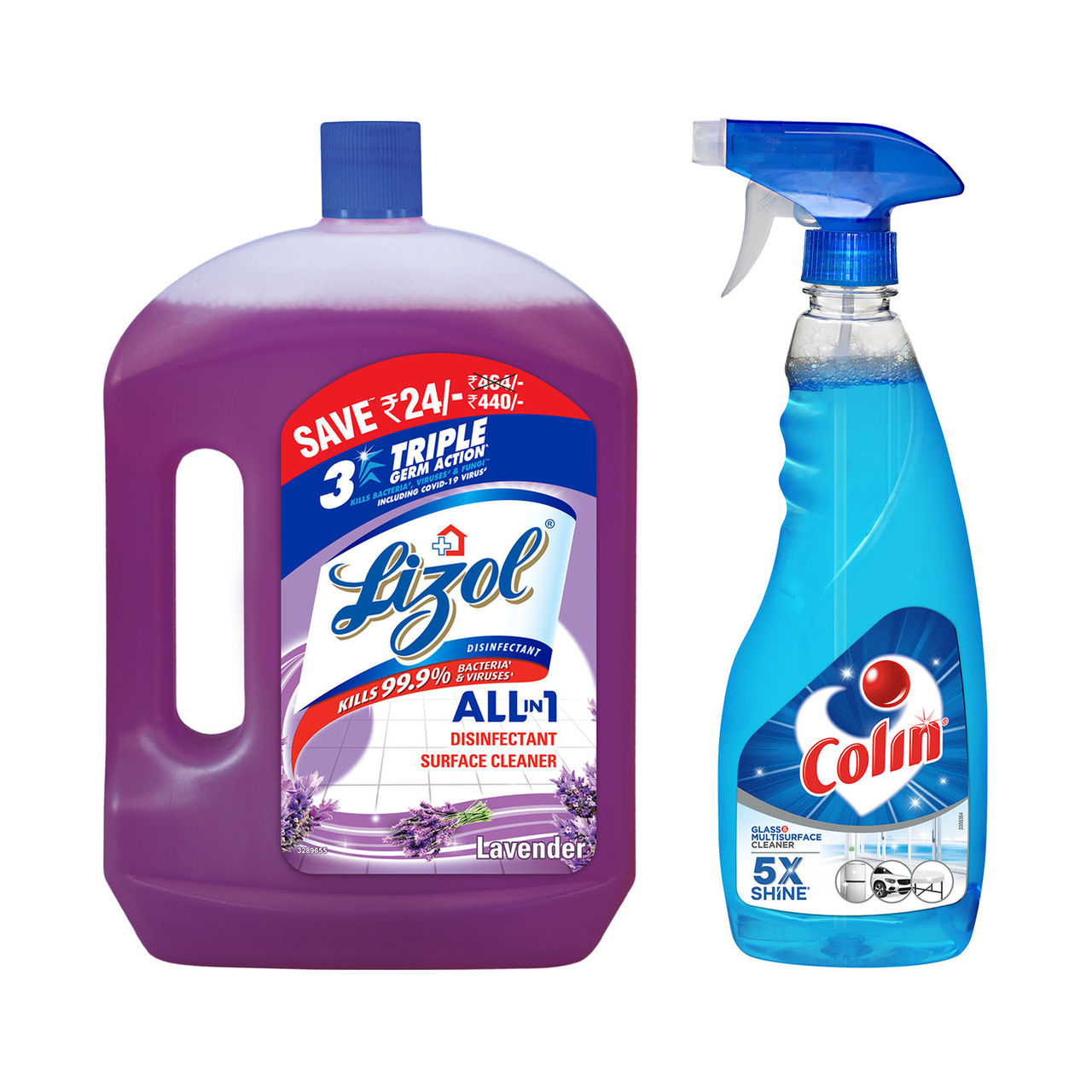 Lizol Disinfectant Surface Cleaner Lavender(2l) & Colin Glass Cleaner Pump 2X More Shine With Shine Boosters(500ml) Combo
