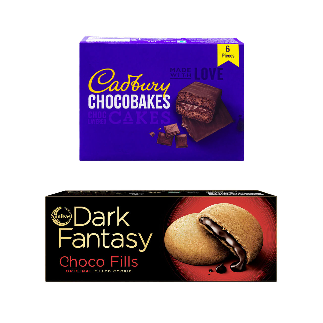 Sunfeast Dark Fantasy Choco Fills, Original Filled Cookies With Choco Crã¨Me(75gms) & Cadbury Chocobakes Choclayered Cakes(114gms) Combo