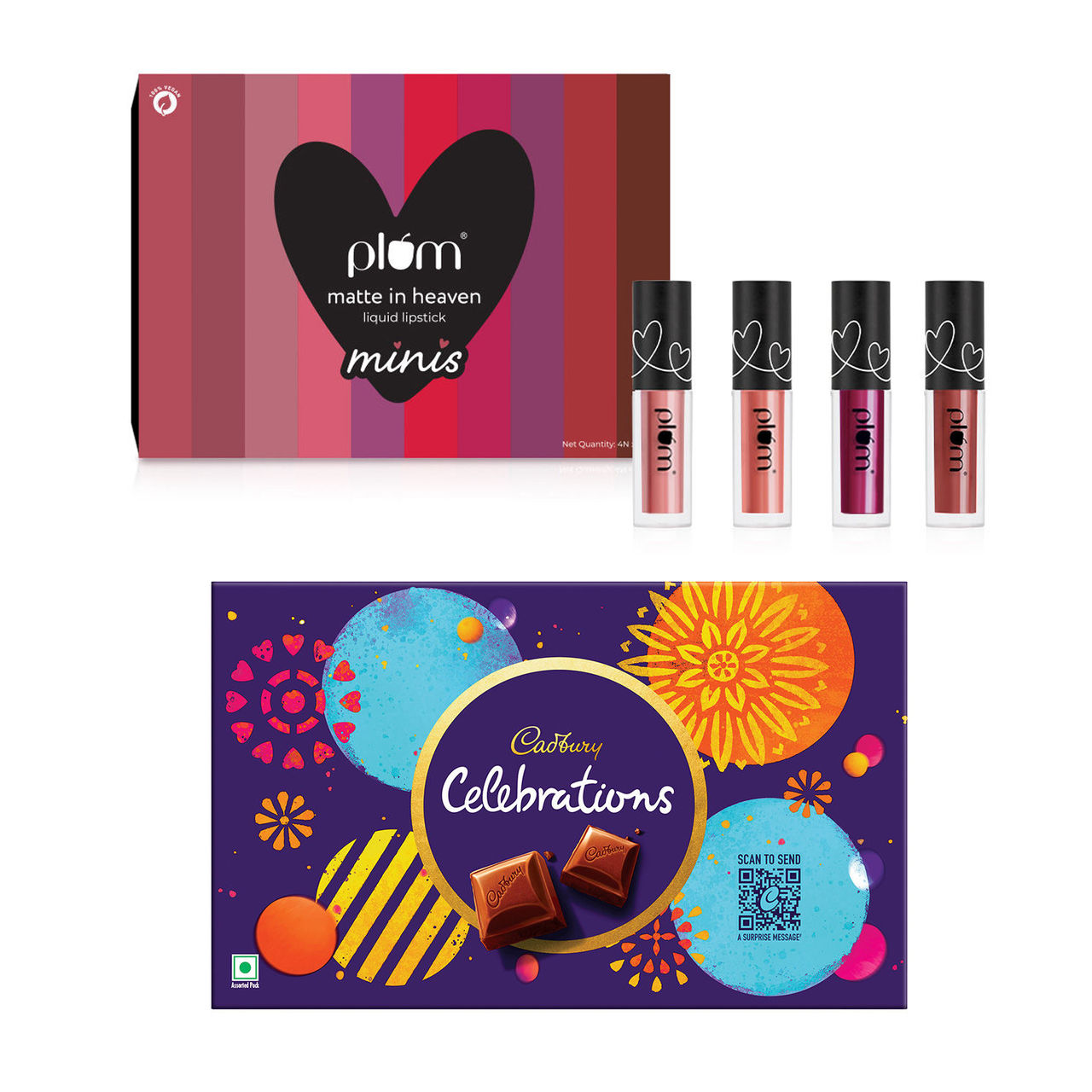 Plum Matte In Heaven Liquid Lipstick Minis(6ml) & Cadbury Celebrations Assorted Chocolate Rakhi Gift Pack(178.8gms) Combo