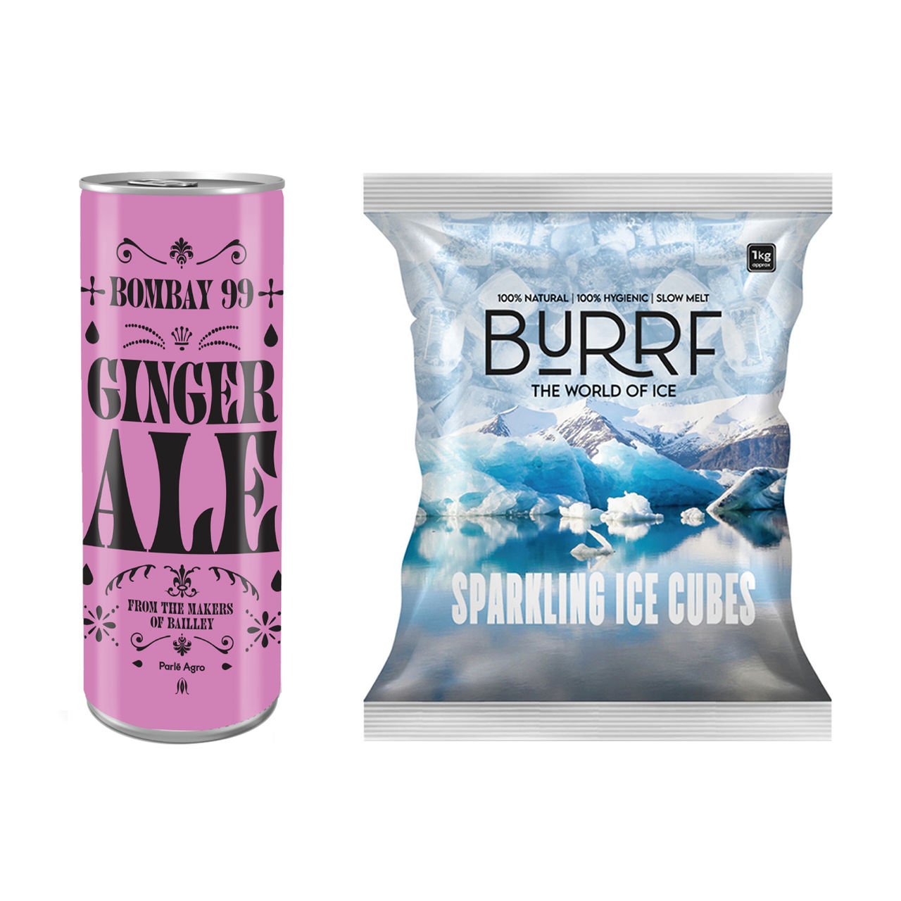 Bombay 99 Ginger Ale Can 250 Ml(250ml) & Burrf Sparkling Ice Cubes(1kg) Combo