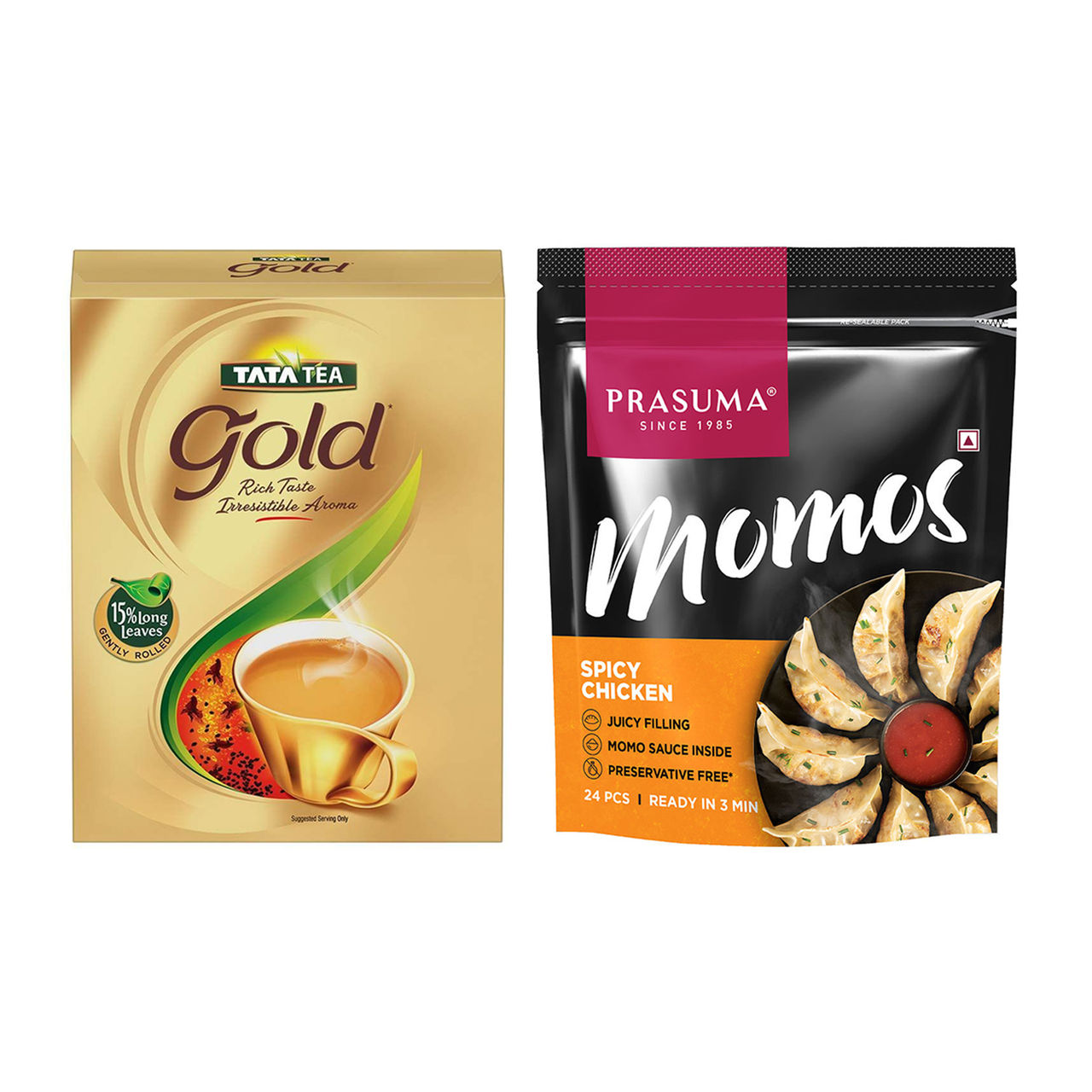 Tata Tea Gold(250gms) & Prasuma Spicy Chicken Momos(24pc) Combo