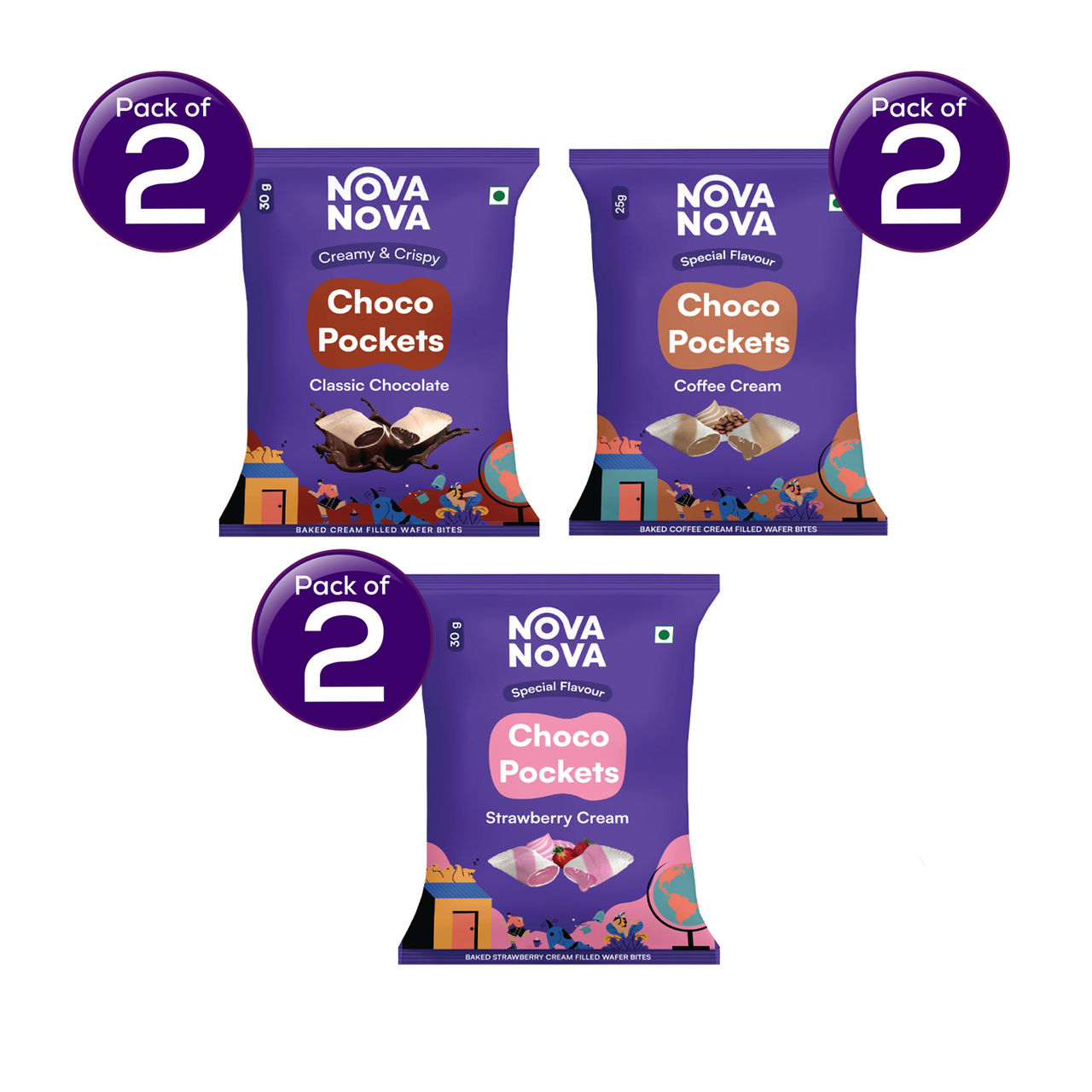 Nova Nova Choco Pockets - Assorted Pack of 3 ( Classic Chocolate, Coffee & Strawberry Cream) 90 g Combo