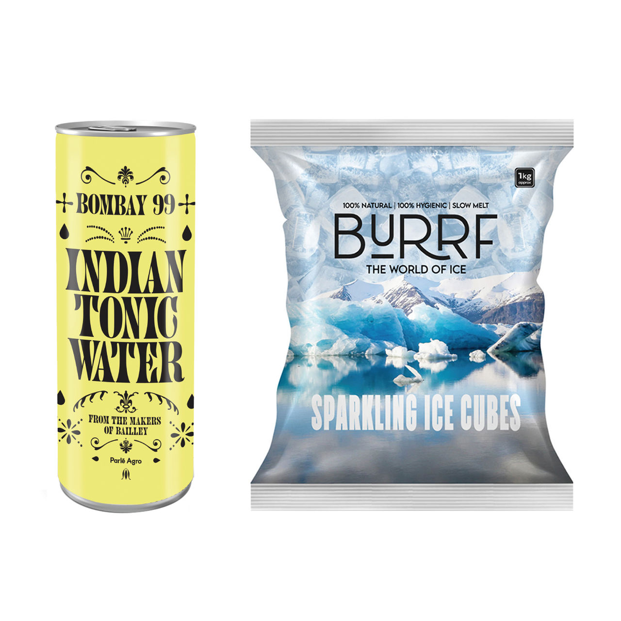 Bombay 99 Tonic Water Can 250 Ml(250ml) & Burrf Sparkling Ice Cubes(1kg) Combo