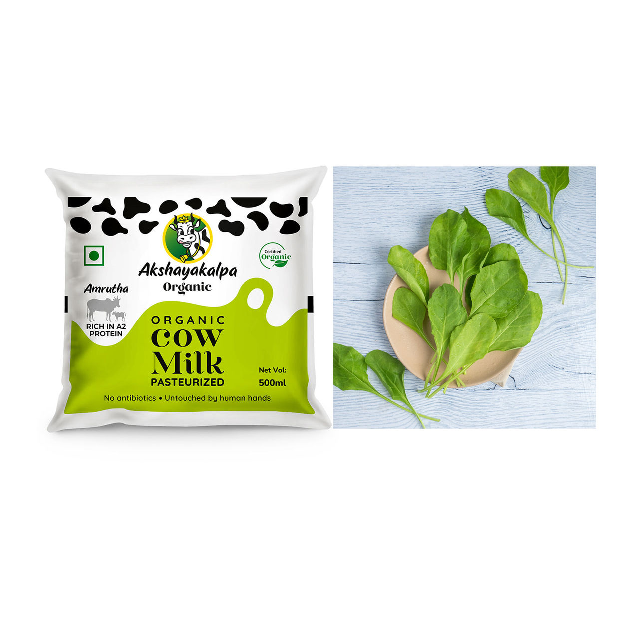Akshayakalpa Amrutha A2 Pasteurized Fresh Milk (Pouch)(1pc) & Spinach - Cleaned, Without Roots(1pc) Combo