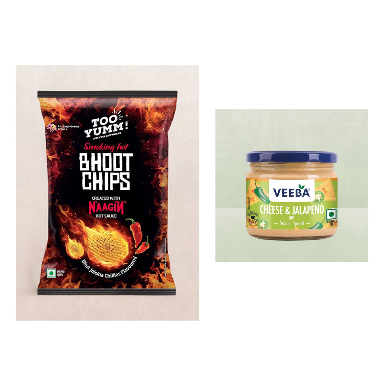 Too Yumm! Bhoot Chips Created With Naagin Hot Sauce | Tasty & Spicy Potato Chips | 100% Vegetarian(82gms) & Veeba Cheese And Jalapeno Dip(300gms) Combo