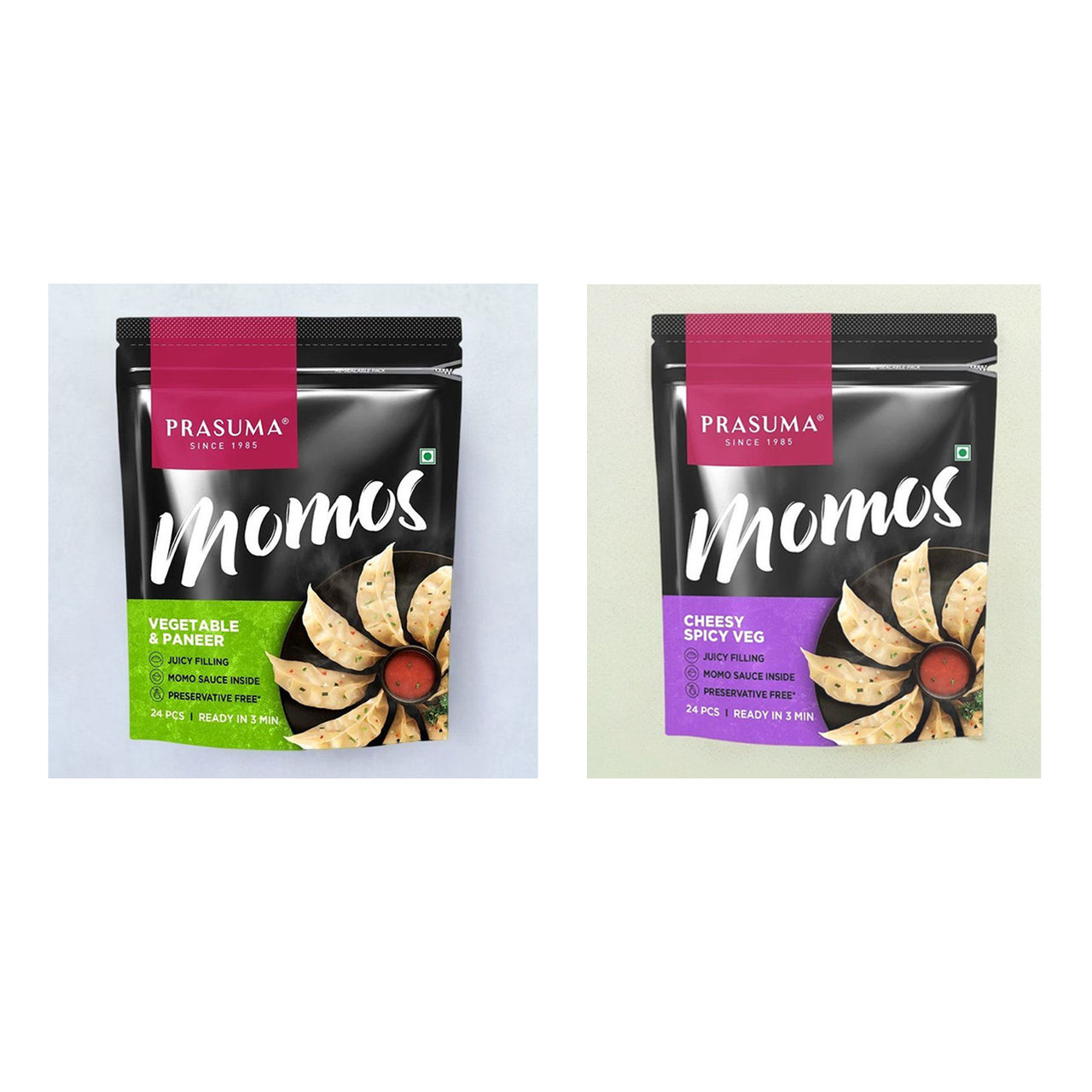 Prasuma Vegetable And Paneer Momos(24pc) & Prasuma Momos Cheesy Spicy Veg(24pc) Combo