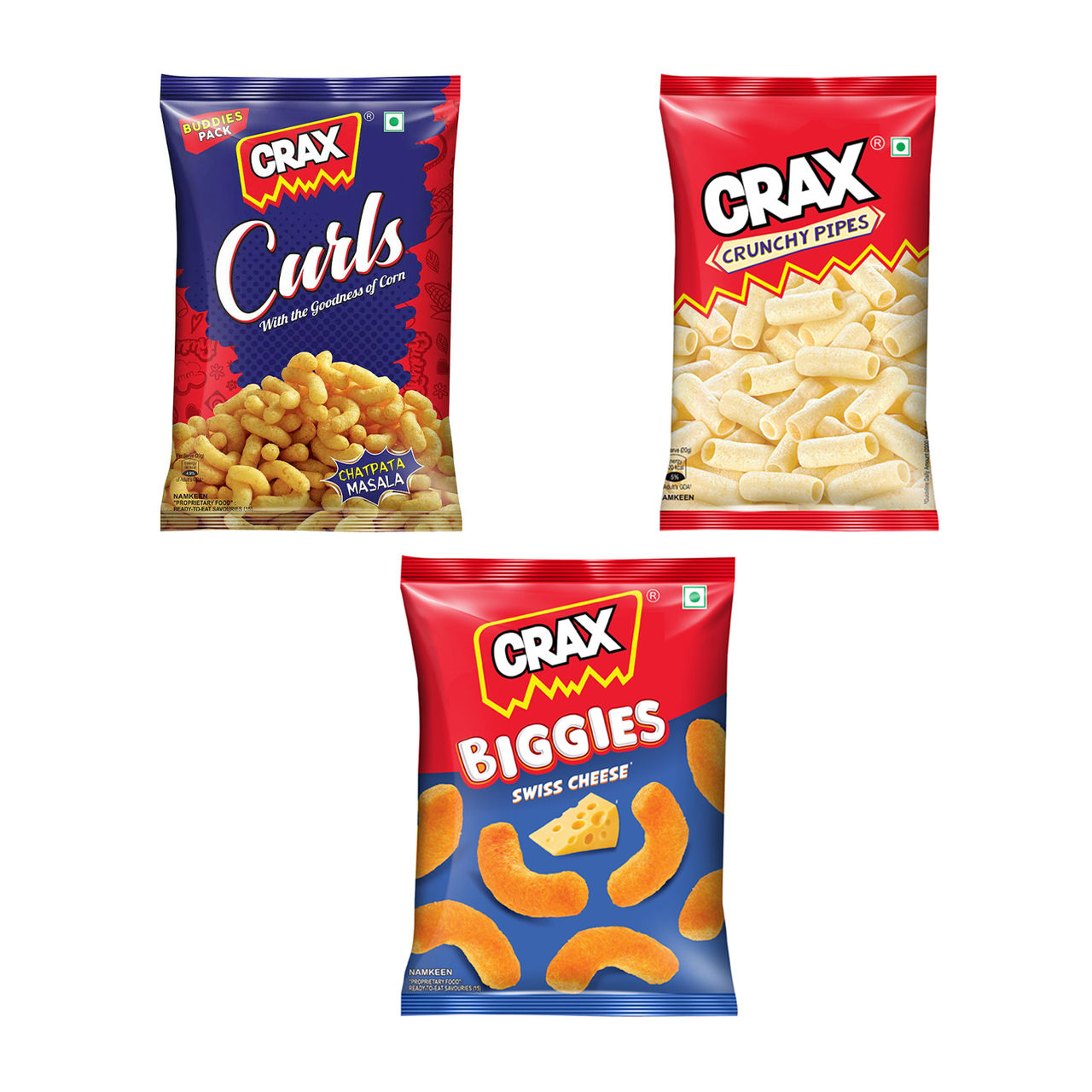 Crax Curls Chatpata Masala Crisps 82.0 GRAM(82gms), Crax Crunchy Pipes Puffs 75.0 GRAM(75gms) & Crax Biggies Swiss Cheese Puffs 65.0 GRAM(65gms) Combo