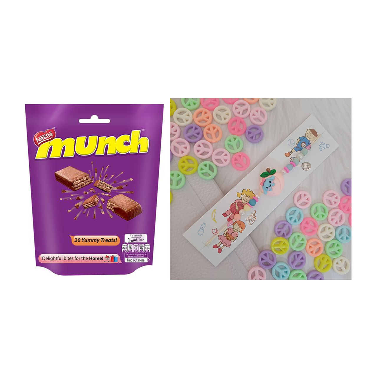 Nestle Munch Chocolate Share Bag(160.2gms) & Pink Peach Kids Rakhi For Brother(1pc) Combo