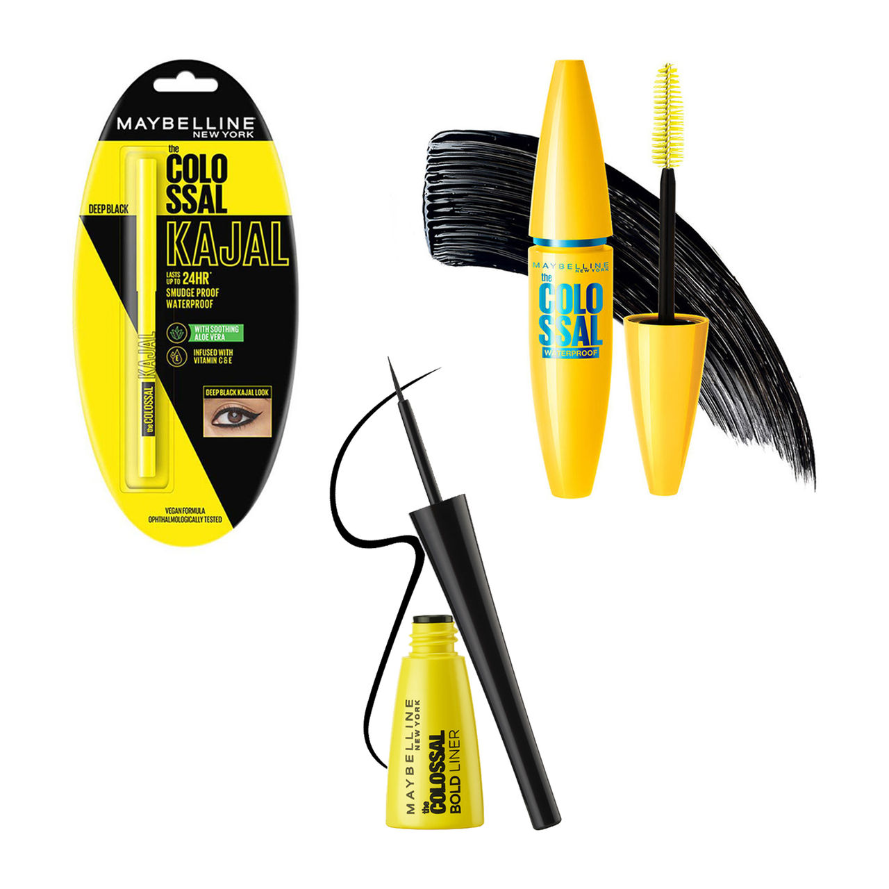 Maybelline New York Colossal Kajal Black Fix With Aloe Vera(0.35gms), Maybelline New York Volume Express Colossal Masacara Waterproof Black(10ml) & Maybelline Eyeliner - Bold Black | Waterproof(1pc) Combo