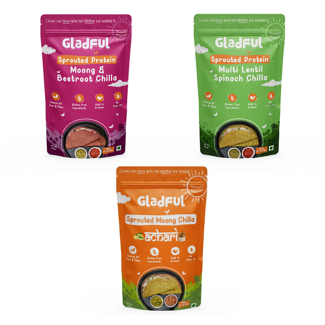 Gladful Beetroot Protein Sprouted Lentils and Millets Instant Chilla Mix(200gms), Gladful Spinach Protein Sprouted Lentils and Millets Instant Chilla Mix(200gms) & Gladful Achari Instant Chilla(200gms) Combo