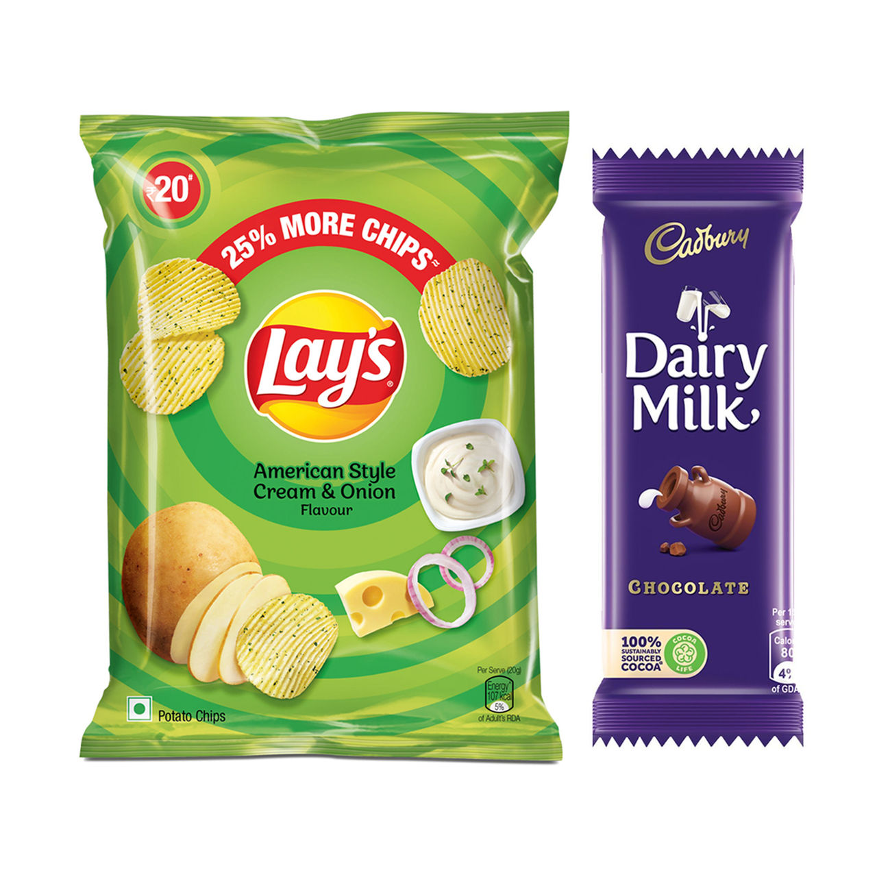 Lay'S American Cream & Onion Potato Chips(50gms) & Cadbury Dairy Milk Chocolate Bar(23gms) Combo