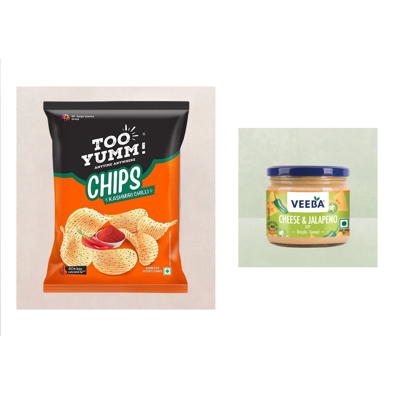 Too Yumm - Potato Chips Kashmiri Chilli(82gms) & Veeba Cheese And Jalapeno Dip(300gms) Combo