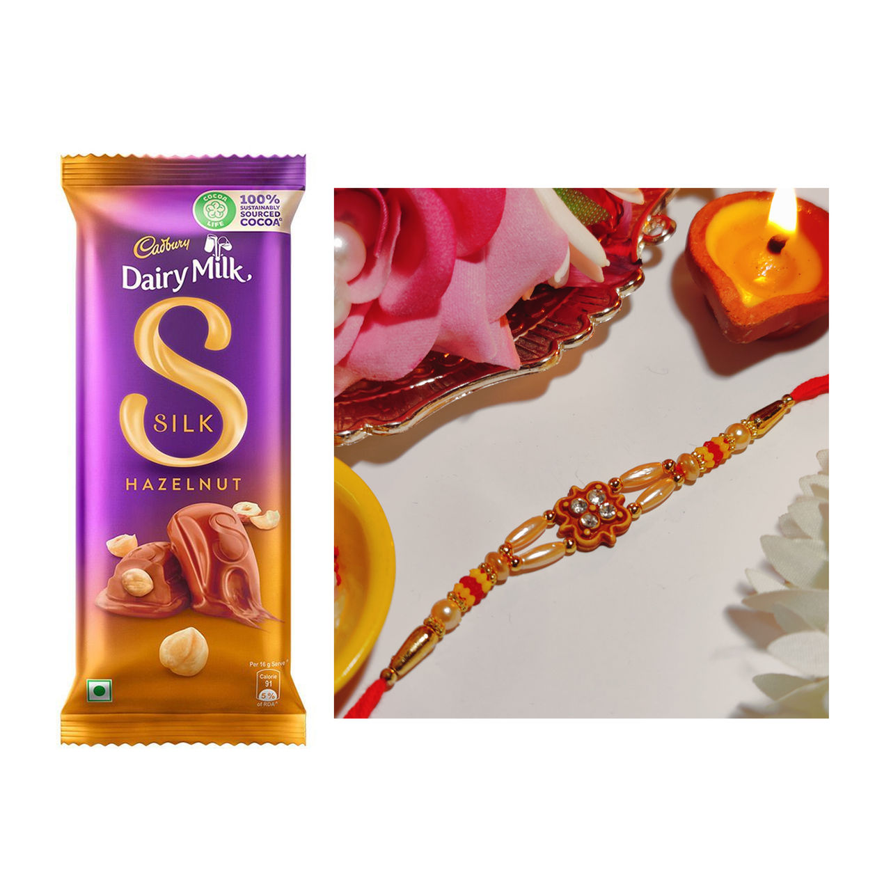 Cadbury Dairy Milk Silk Hazelnut Chocolate Bar(58gms) & Mauli Rakhi With Golden Moti(1pc) Combo